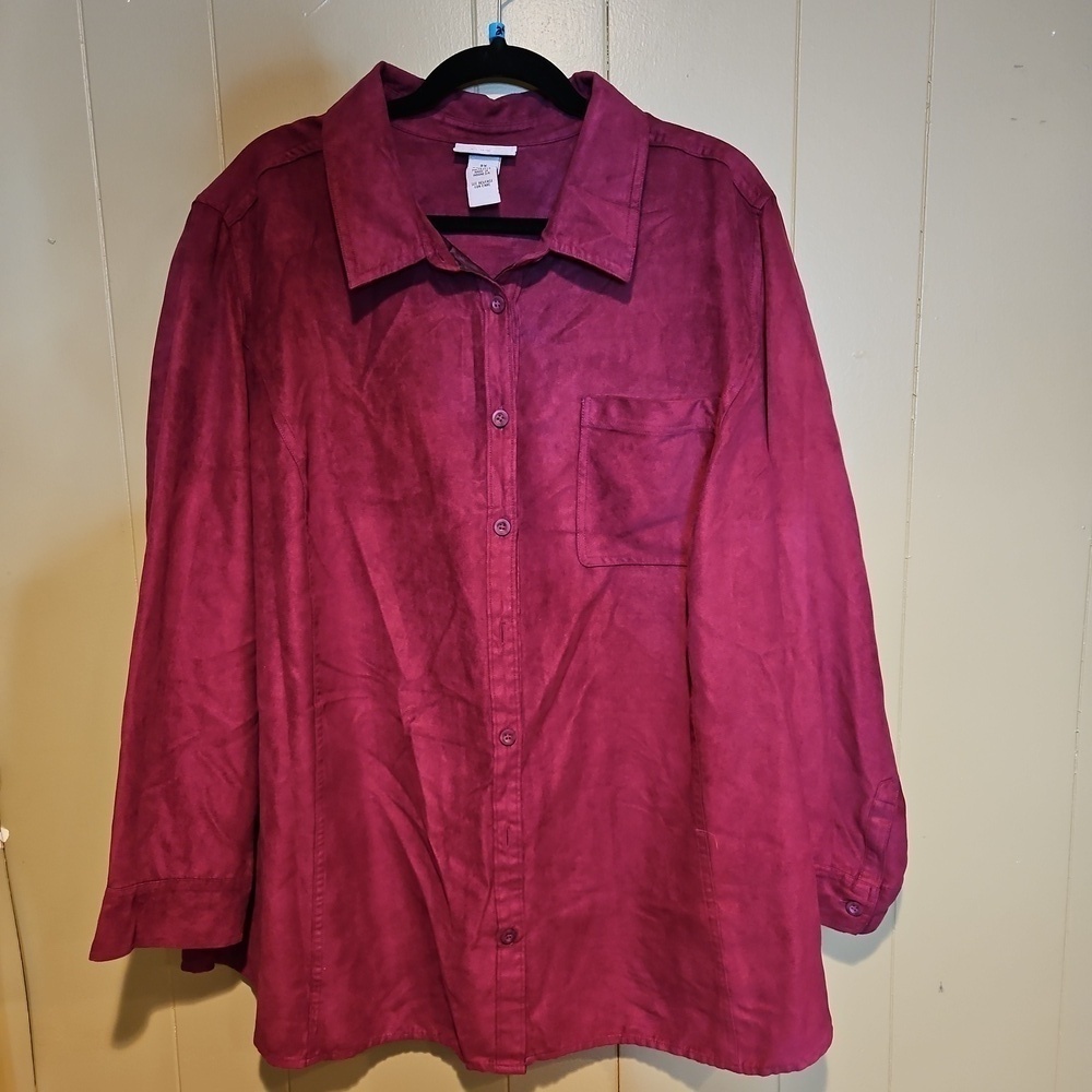 Catherine's Faux Suede Button-Down Shirt, Jacket, Burgundy, Plus Size 2X, Winter